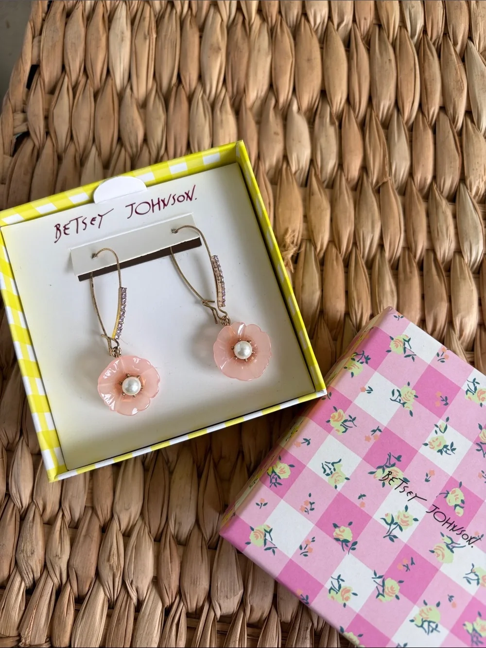 Betsey Johnson Pink Enamel Flower Pearl Drop Earrings